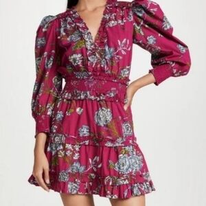 Love The Label Anthropologie Wanda Dress Pink Floral Puff Sleeve Smocked M